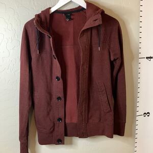 H&M button front hoodie type jacket. Two front pockets distressed at elbows